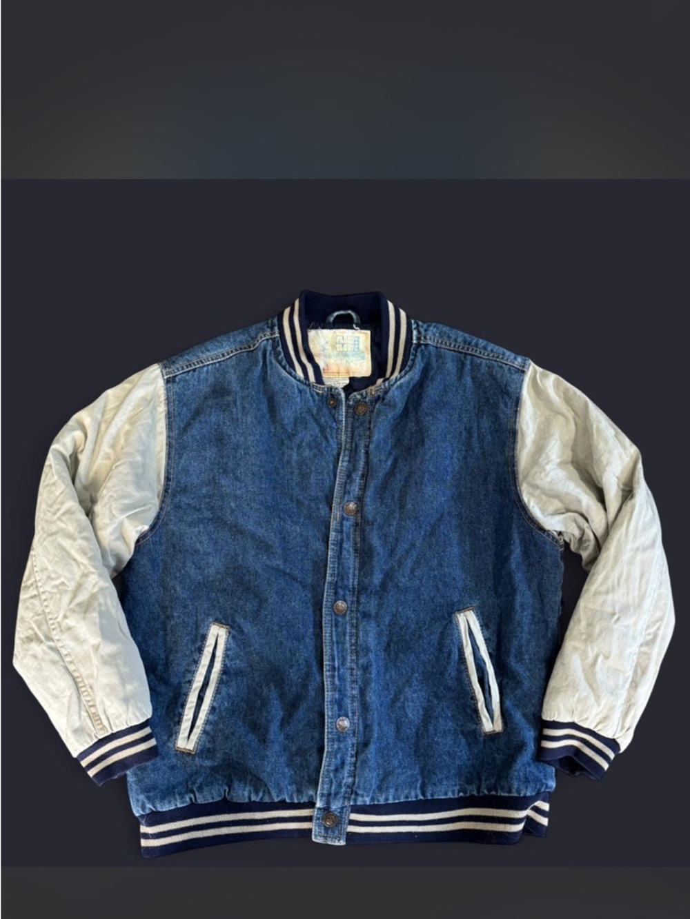 Vintage Faded Glory Navy and Yellow Denim Jacket Label Detail